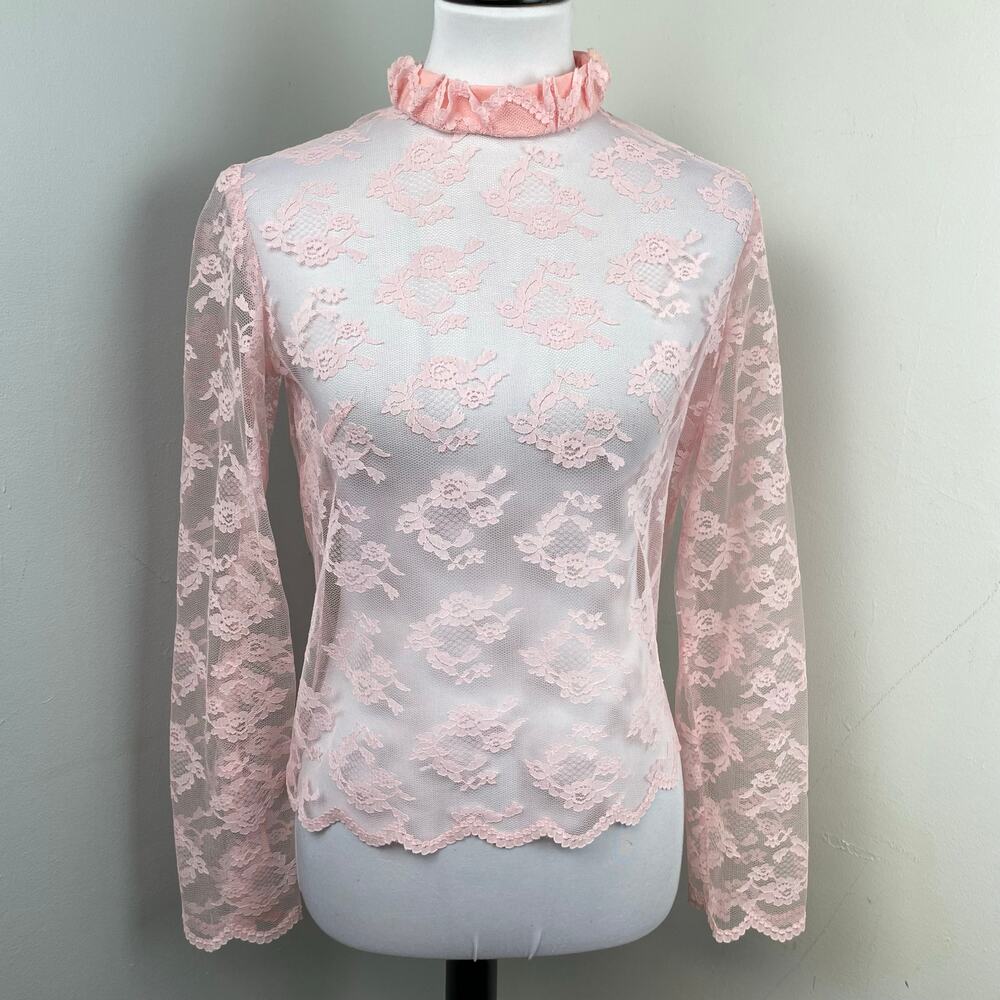 Vintage Pink Feminine Floral Lace High Neck Long Sleeve Top Romantic Edwardian